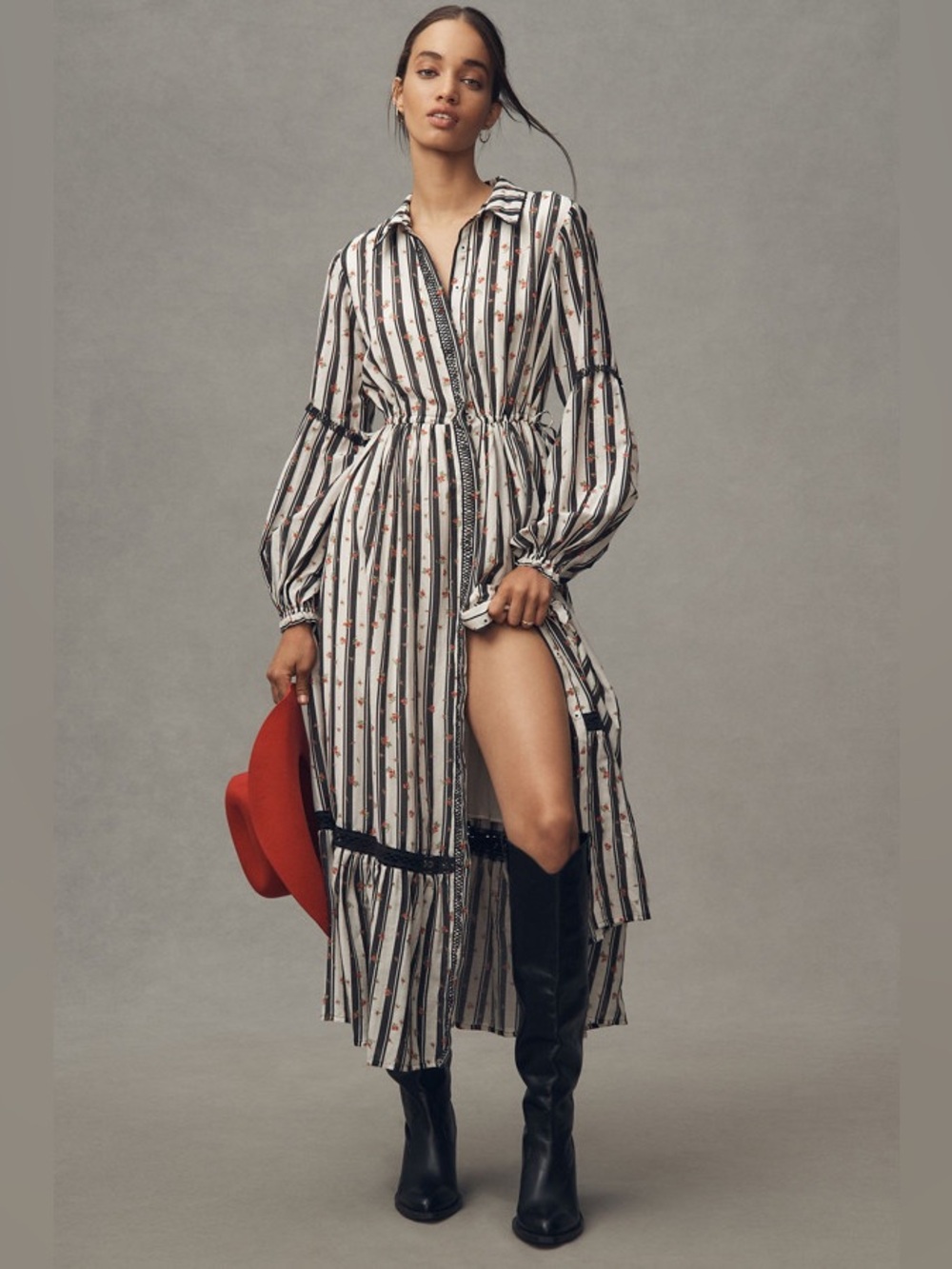 Anthropologie Printed Buttondown Shirt Long Sleeve Maxi Dress Striped Red Floral